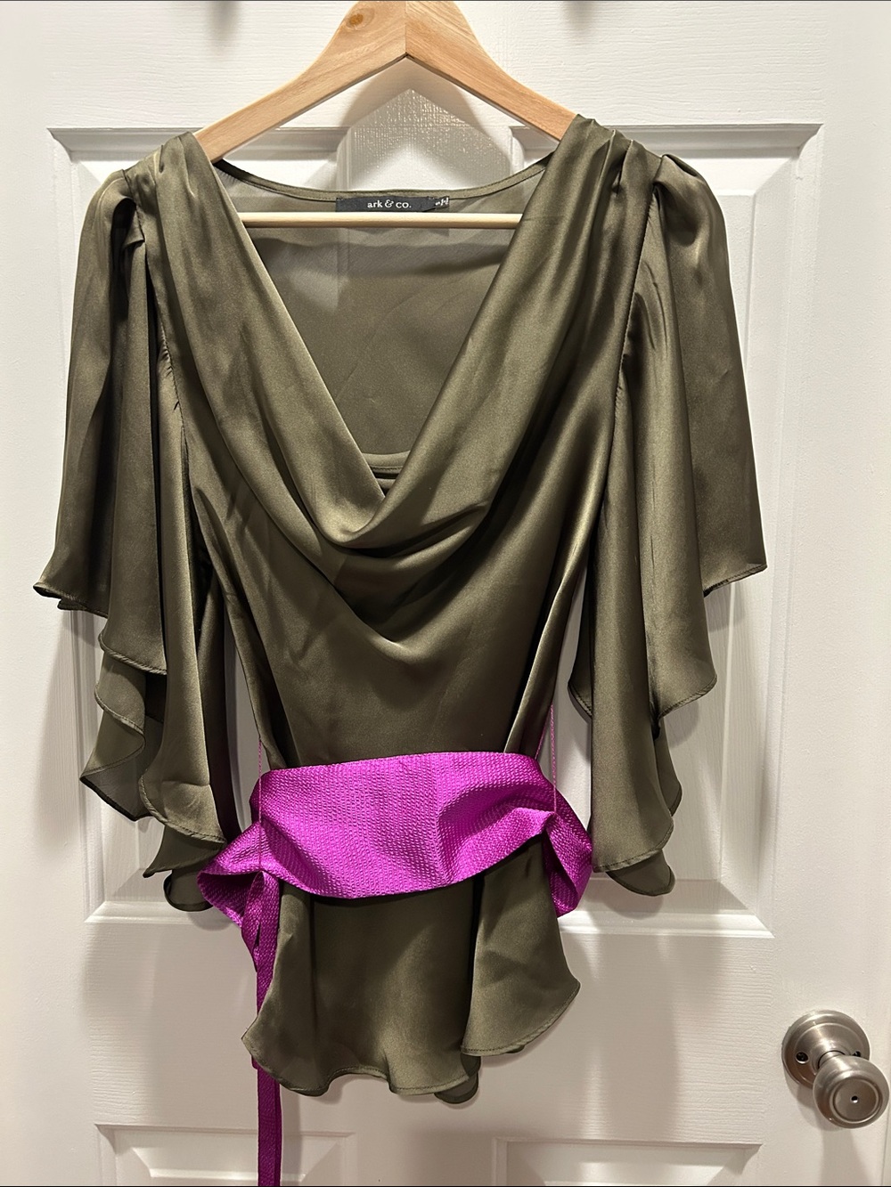 Ark & Co Olive Satin Drape Blouse with Fuchsia Sash